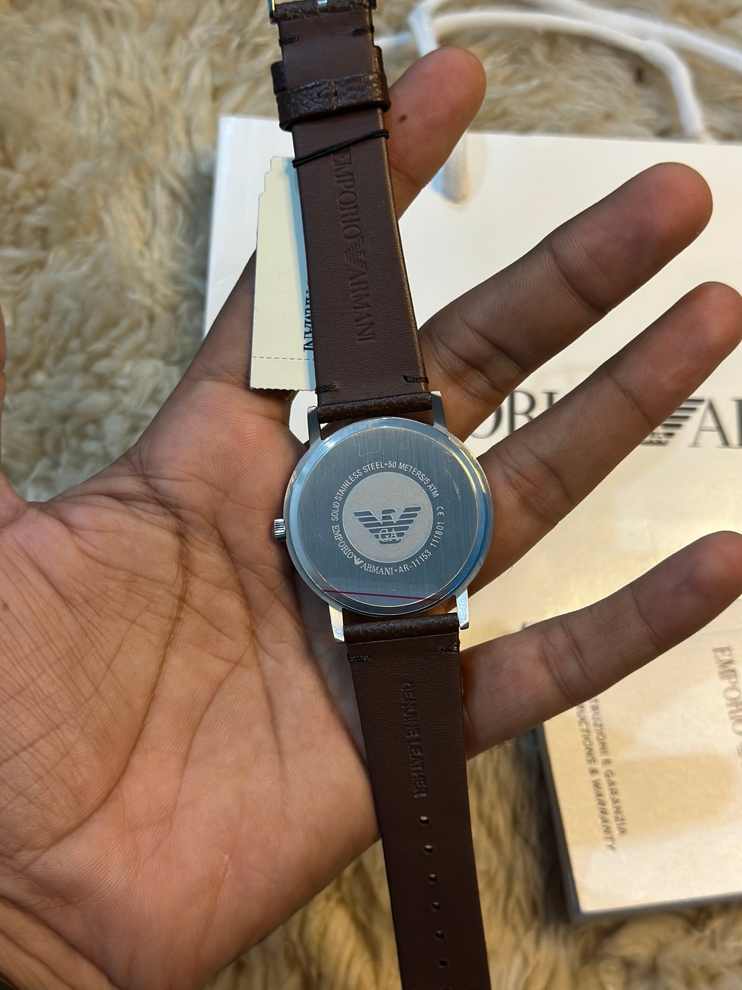 Emporio Armani dress brown leather leather strap white dial quartz watch for men’s AR11011