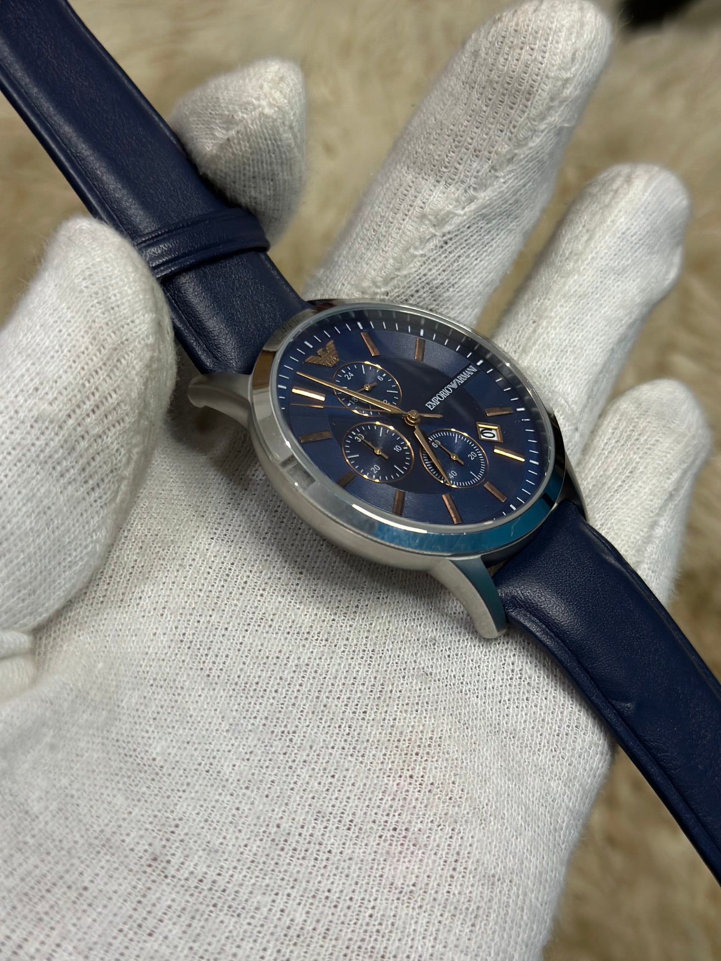 EMPORIO ARMANI Renato Blue Leather Strap Blue Dial Chronograph Quartz Watch for Gents - AR11216