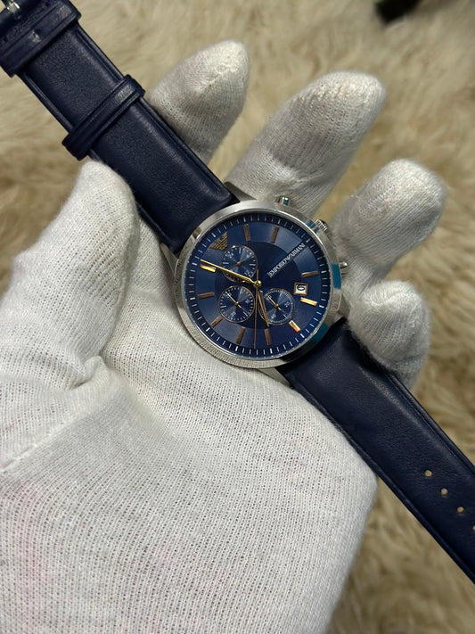 EMPORIO ARMANI Renato Blue Leather Strap Blue Dial Chronograph Quartz Watch for Gents - AR11216