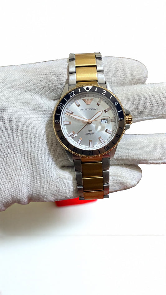 Emporio Armani GMT Two-tone Stainless Steel Silver Dial Quartz Watch for Gents - AR11591