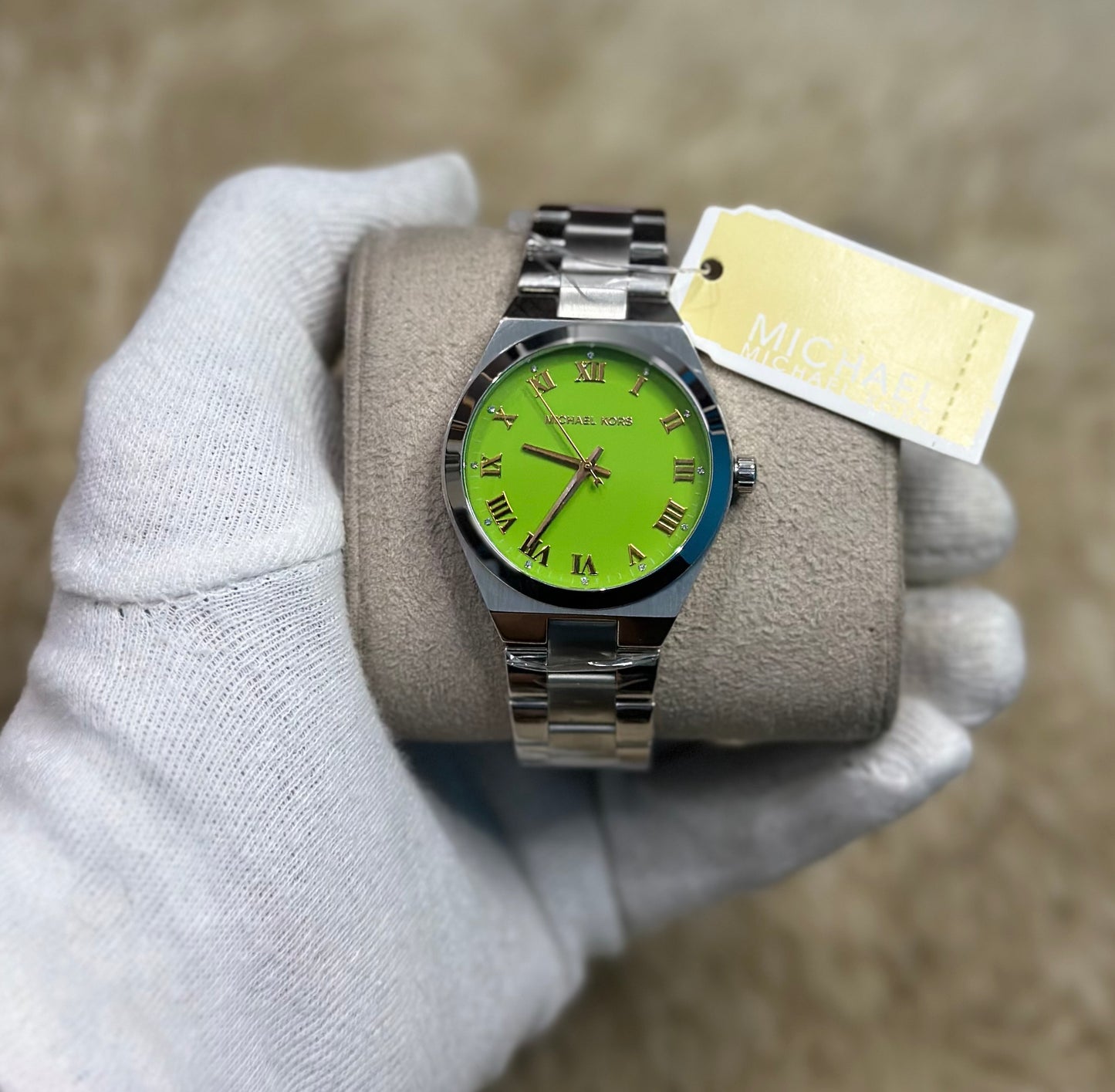 Michael Kors Lennox Three-Hand Green Dial Silver Steel Strap Watch For Women - MK7463