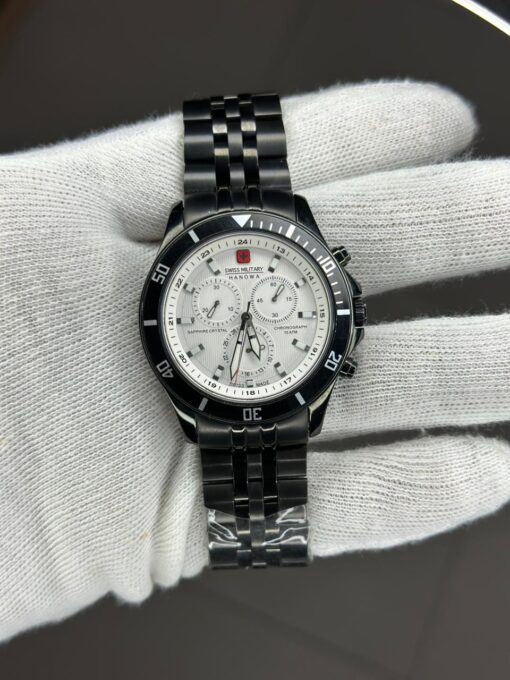 Swiss Military Hanowa Black Stainless Steel Chronograph Watch – White Dial | Sapphire Crystal | 10 ATM