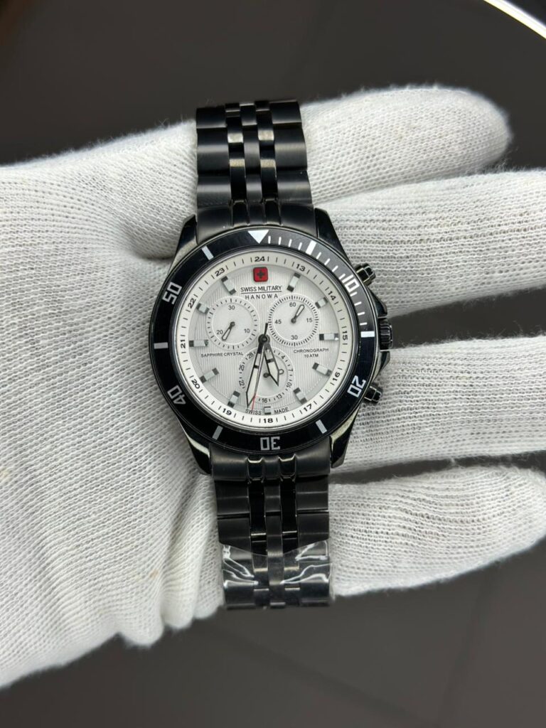 Swiss Military Hanowa Black Stainless Steel Chronograph Watch – White Dial | Sapphire Crystal | 10 ATM