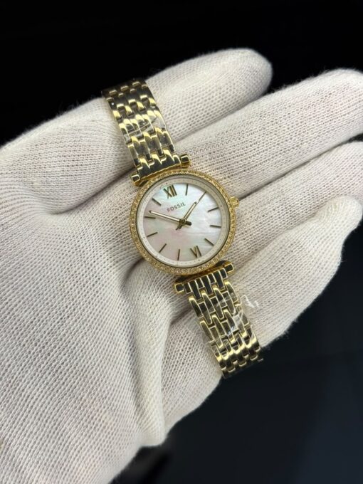 Fossil Women's Gold-Tone Stainless Steel Analog Watch with Crystal Bezel & Mother-of-Pearl Dial