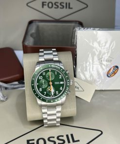 Fossil Sport Tourer Silver Stainless Steel Green Dial Chronograph Quartz Watch for Gents - FS6048