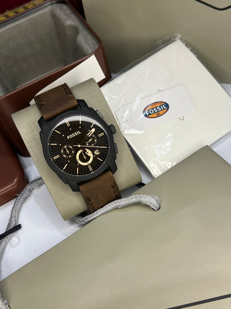 Fossil Machine Brown Leather Strap Brown Dial Chronograph Quartz Watch for Gents - FS4656