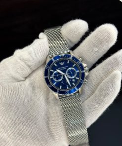 Emporio Armani Diver Silver Stainless Steel Mesh Blue Dial Quartz Watch for Gents- AR11587
